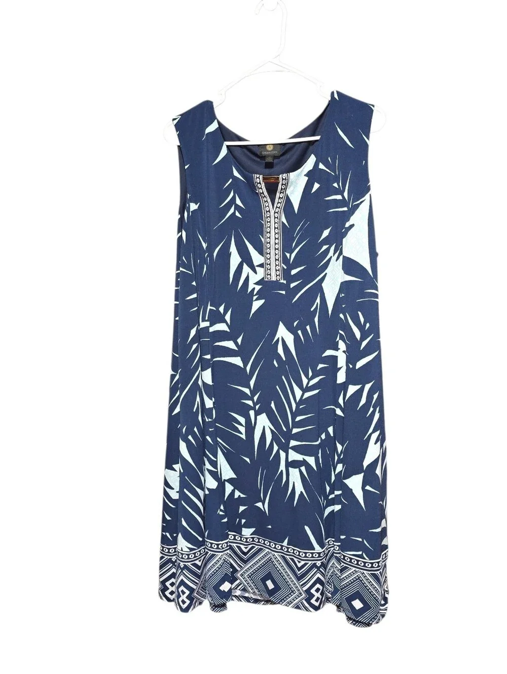 JM Collection plus size sleeveless A-line dress in navy and Lt Blue palm Print - Picture 10 of 11